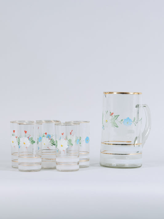 Conjunto de Jarra com Flores + 6 Copos Pintados à Mão